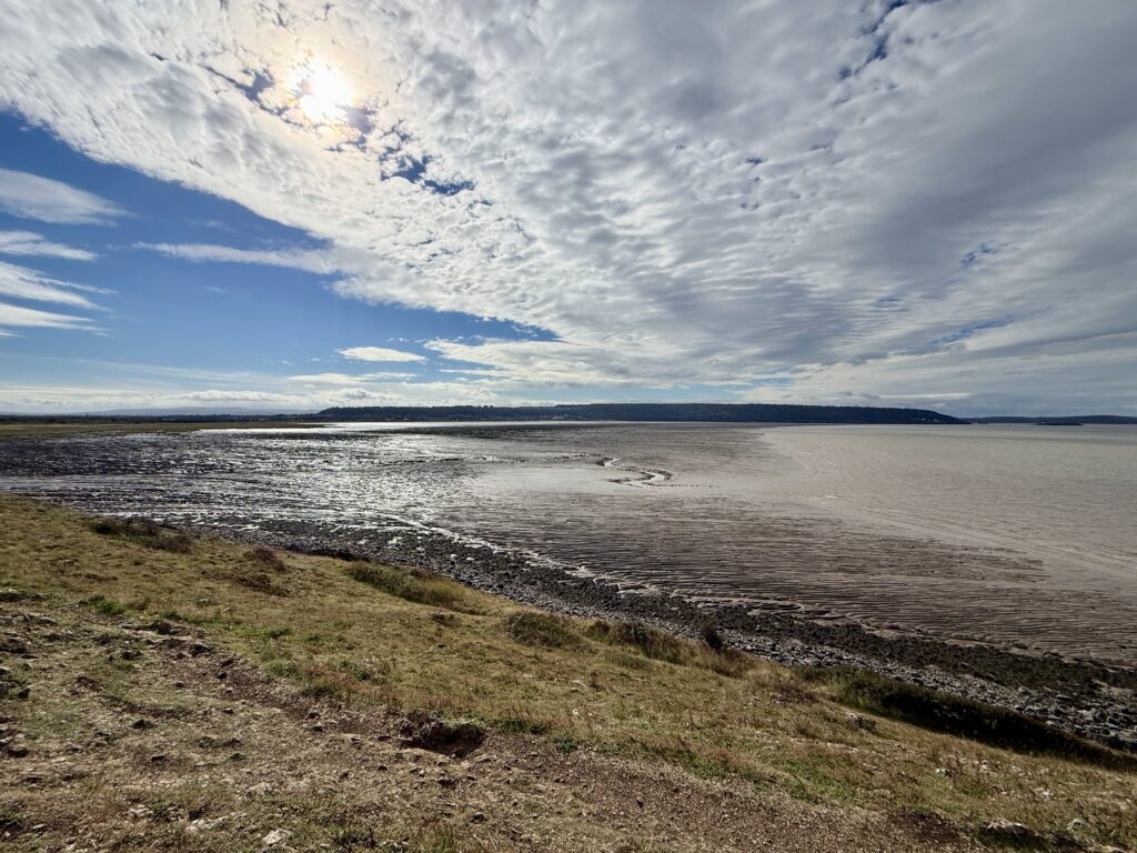 View across Sand Bay from Sand Point at low tide, with exposed sand and mudflats beneath a dramatic sky