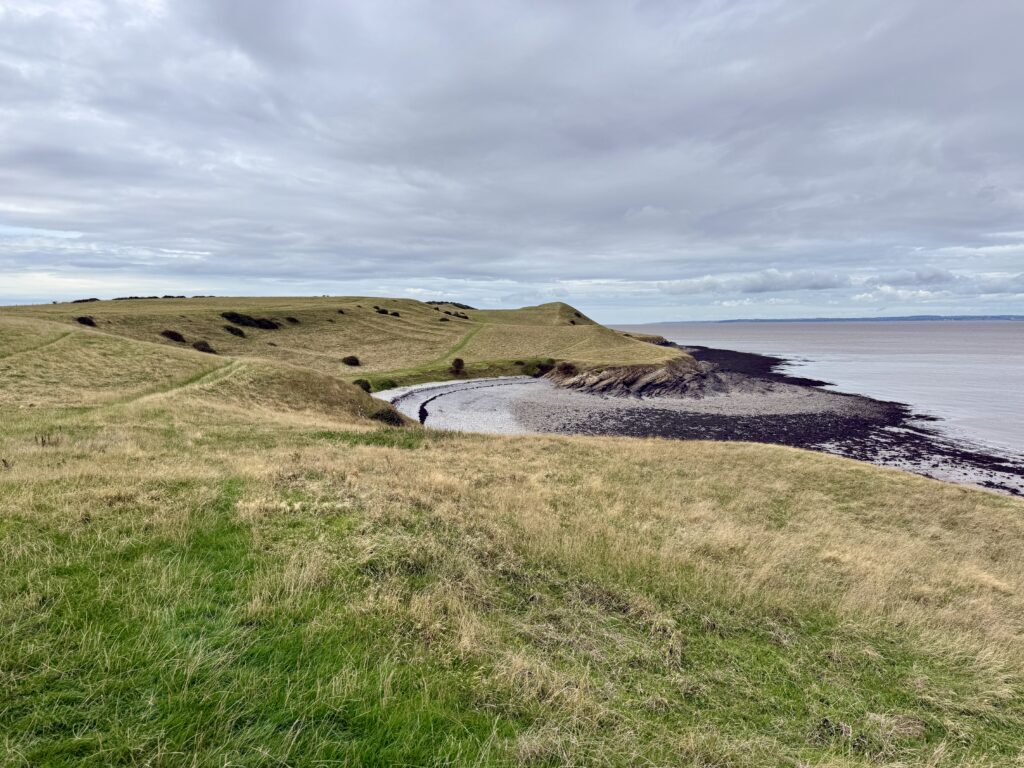 Grassy headland and the secluded pebble cove of Middle Hope Beach.