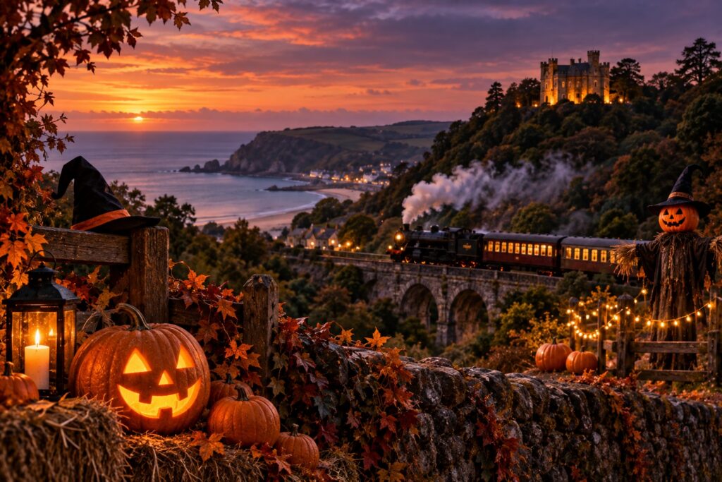 Illustration of a family-friendly Halloween scene in Devon, with glowing pumpkins, a steam train, castle and coast at sunset.