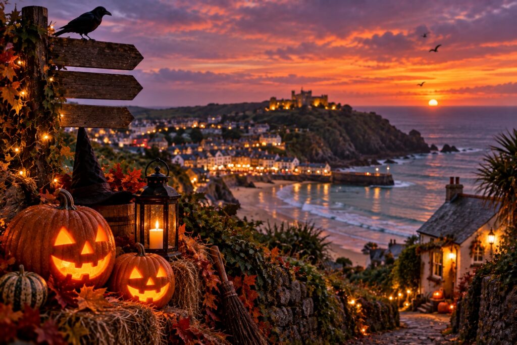Illustration of a family-friendly Halloween scene in Cornwall, with glowing pumpkins overlooking a coastal town, harbour and castle at sunset.
