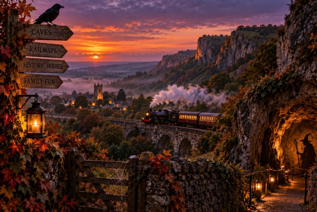 Illustration of a family-friendly Halloween scene in Somerset, with a steam train, limestone cliffs, a lantern-lit cave and autumn countryside at sunset.