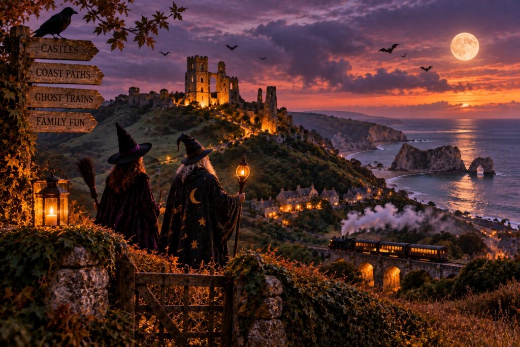 Illustration of a family-friendly Halloween scene in Dorset, with an imagined witch and wizard overlooking a ruined castle, steam train and dramatic coastline at sunset.