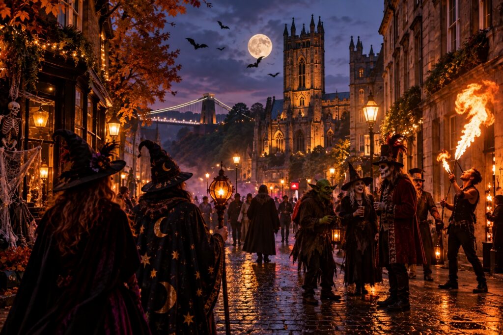 Illustration of a family-friendly Halloween street scene inspired by Bristol, with witches, wizards and goblins beneath a full moon.