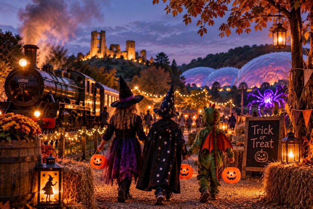 Illustration of children in Halloween costumes enjoying a family-friendly event, with a steam train, castle and illuminated attractions at dusk.