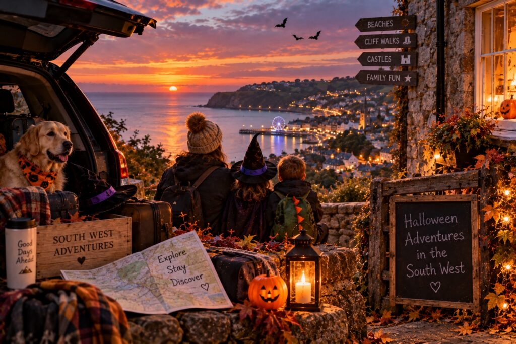 Illustration of a family setting off on an October half term break, overlooking a South West coastal town at sunset with Halloween decorations and autumn scenery.