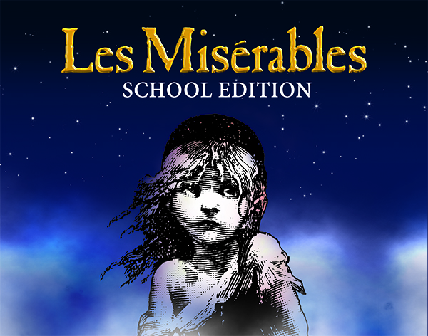 Les Misérables School Edition poster featuring a black and white illustration of young Cosette against a starry blue background.