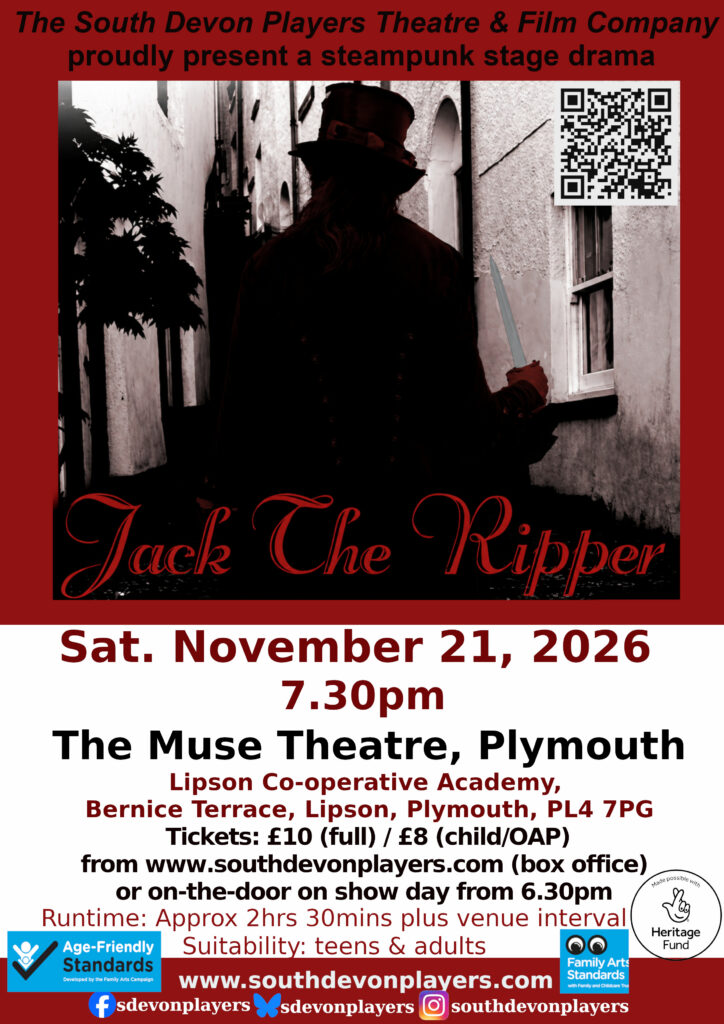 Jack the Ripper theatre poster for South Devon Players at The Muse Theatre, Plymouth, on 21 November 2026 at 7.30 pm.