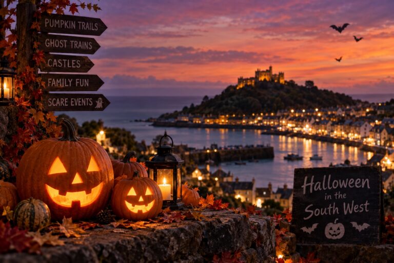 Illustrative Halloween scene with glowing pumpkins, lanterns and a coastal South West town at dusk.