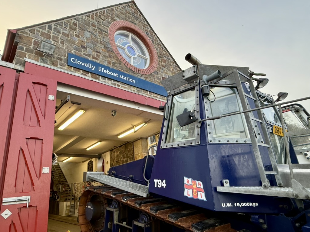 Clovelly RNLI Lifeboat Station with the Atlantic 85 lifeboat Toby Rundle outside the historic boathouse.