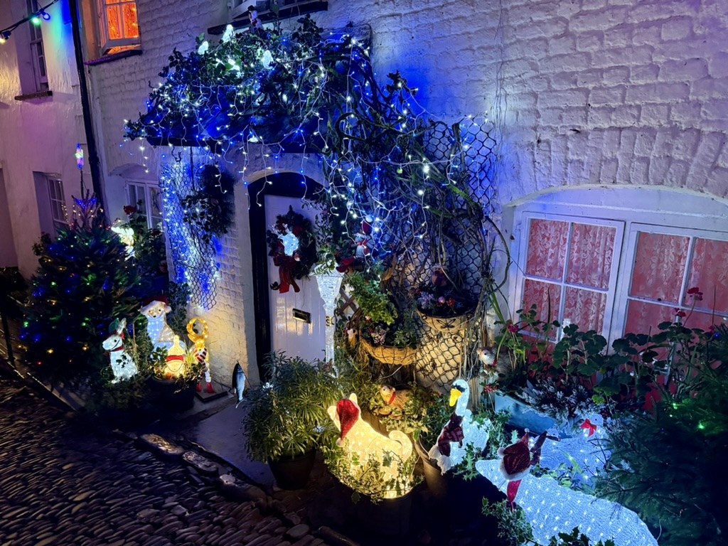 Alt text: Clovelly cottage decorated with colourful Christmas lights, illuminated plants and festive decorations.