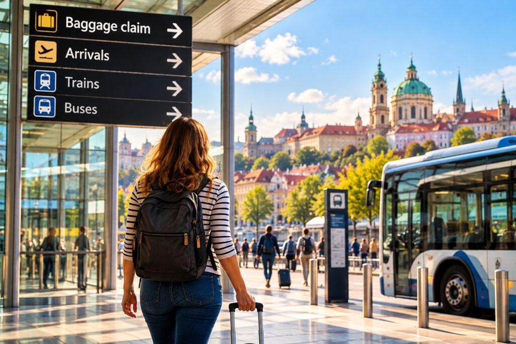 Traveller leaving a European airport for buses and trains into the city during an extreme day trip.