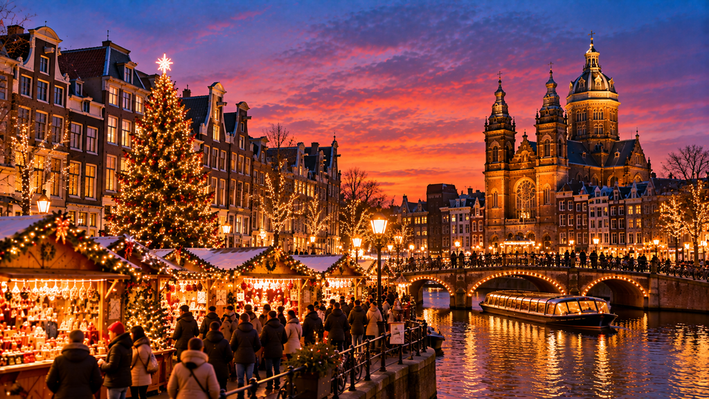 Amsterdam Christmas market beside a canal with festive stalls, Christmas tree and illuminated historic buildings at dusk