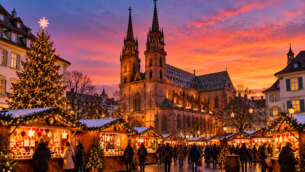 `Basel Christmas Market at Münsterplatz with Basel Minster, festive stalls and Christmas tree illuminated at dusk`