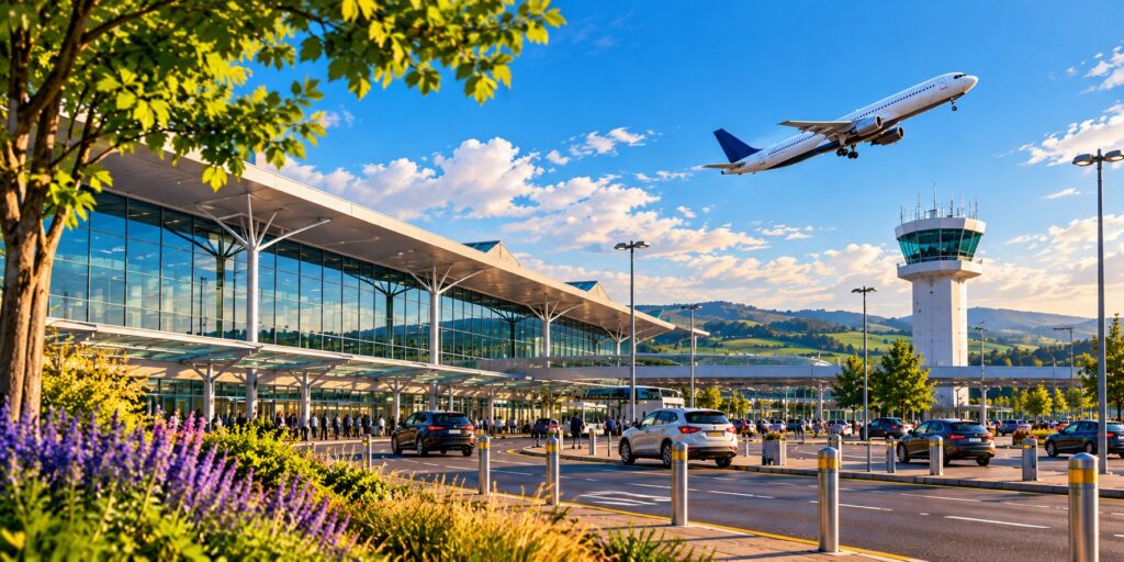 Illustration of Liverpool airport passenger terminal with aircraft taking off.
