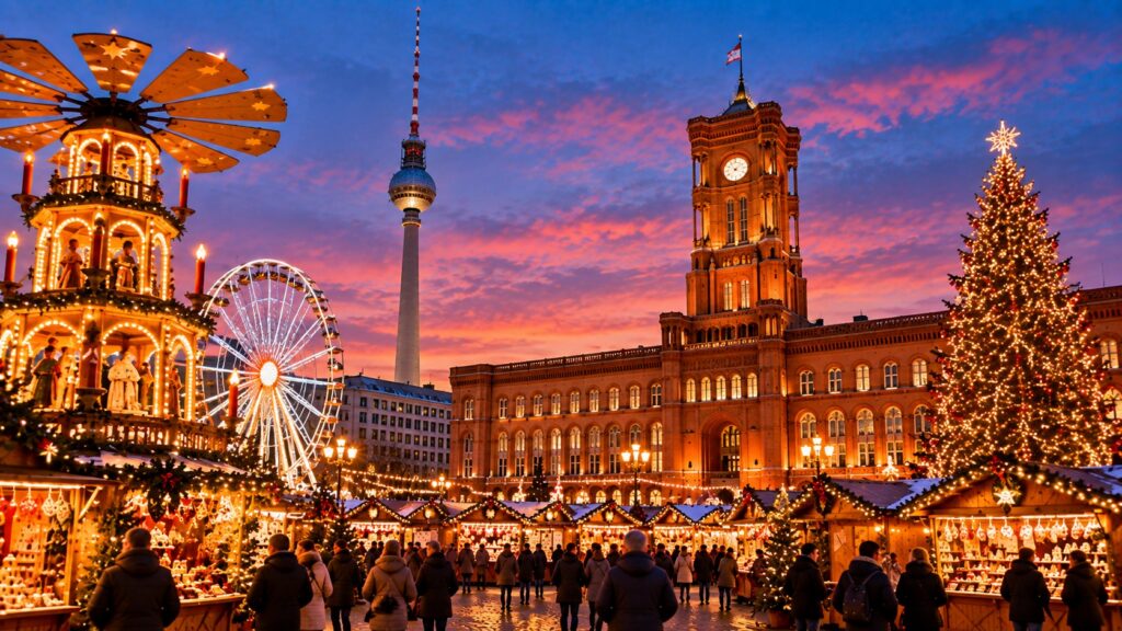 Berlin Christmas Market with Rotes Rathaus, Fernsehturm, Ferris wheel and festive stalls at dusk
