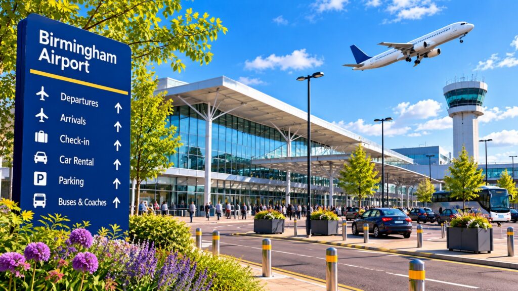 Birmingham Airport terminal with passenger aircraft overhead, airport direction sign, cars, coaches and travellers outside.