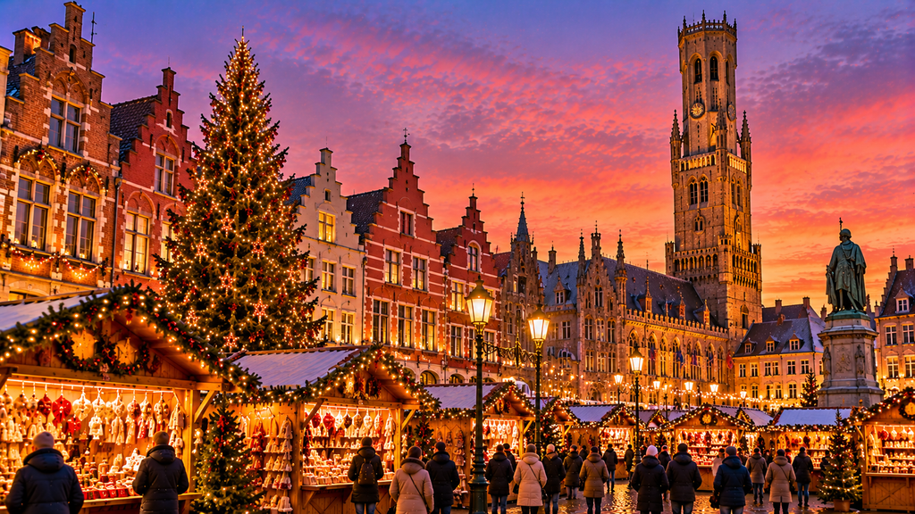 Bruges Christmas Market in Markt Square with festive stalls, Christmas tree, historic guild houses and the Belfry illuminated at dusk