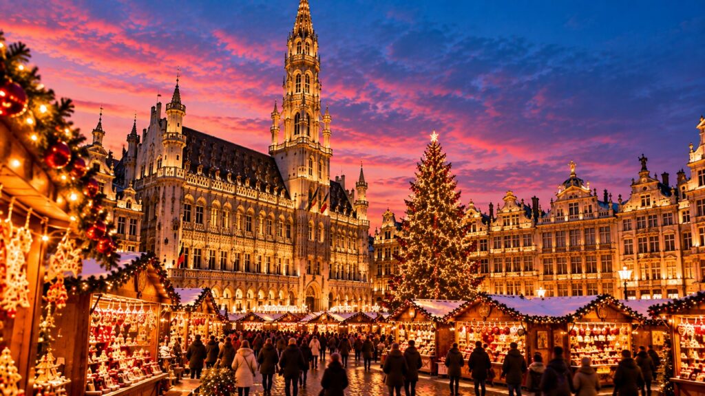 Brussels Christmas market at Grand-Place with illuminated Town Hall, festive stalls and Christmas tree at dusk