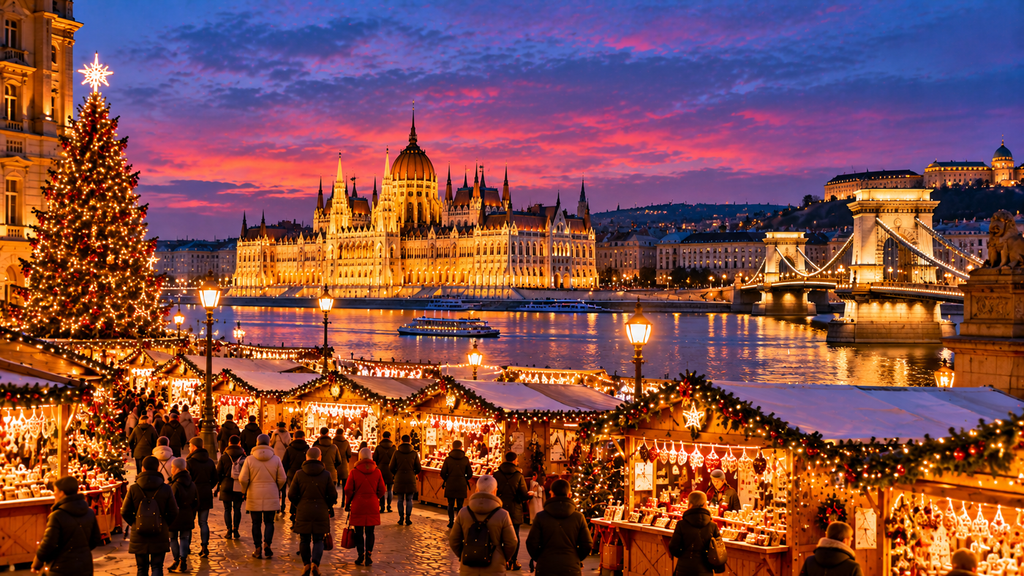 Budapest Christmas market beside the Danube with the Hungarian Parliament Building, Chain Bridge and festive stalls illuminated at dusk
