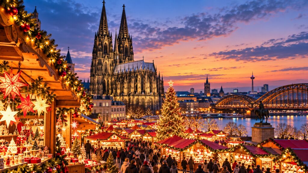 Cologne Christmas Market with Cologne Cathedral illuminated at dusk