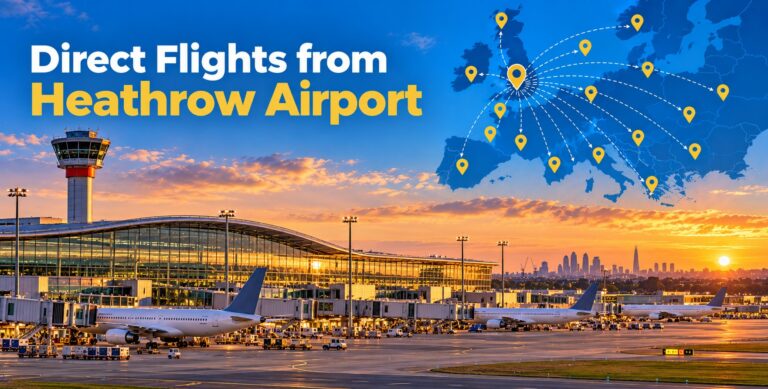 Direct flights from Heathrow Airport graphic showing aircraft at a London airport terminal with a map of European flight destinations.