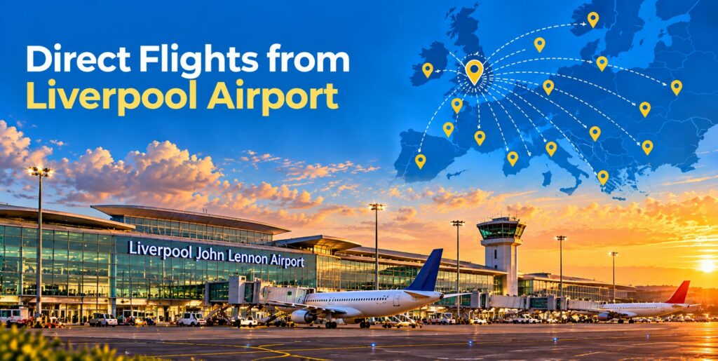 Liverpool Airport with aircraft and terminal, with a map showing direct flight routes across Europe.