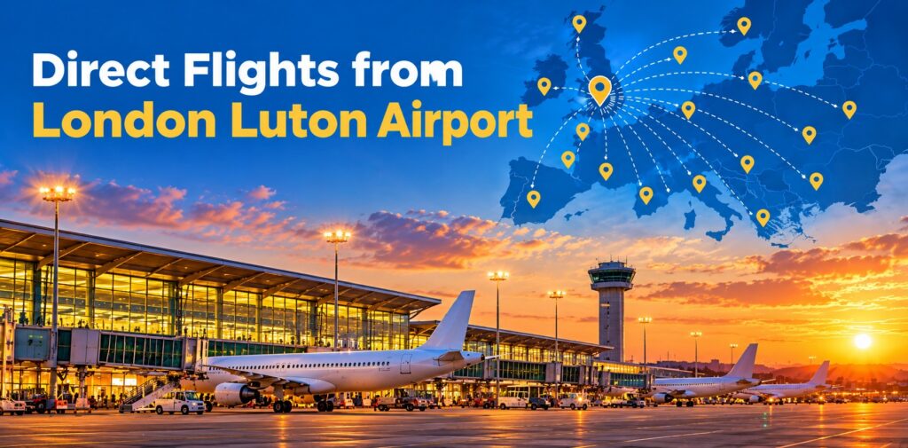 `Direct flights from London Luton Airport, with aircraft at the terminal and a map showing flight connections across Europe.`