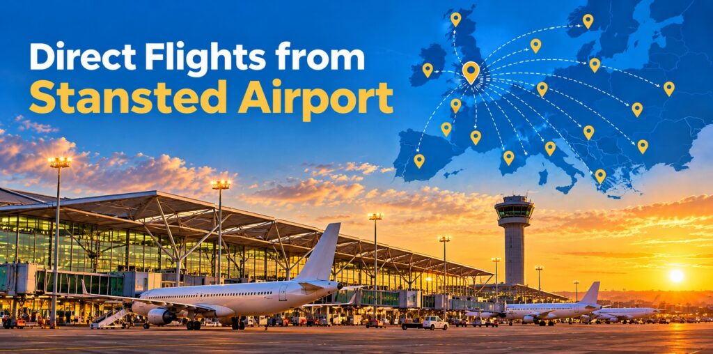 **Alt text:** London Stansted Airport terminal and aircraft at sunset, with a map showing direct flight connections across Europe.