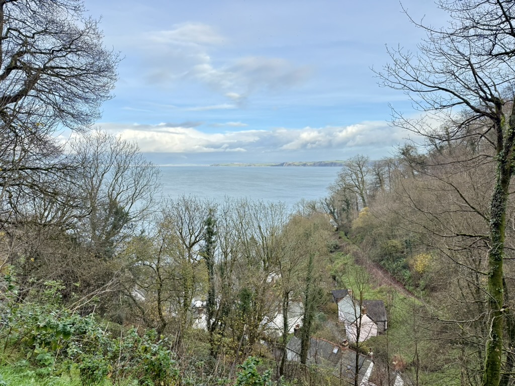 View through winter woodland on the hillside above Clovelly towards the sea and North Devon coast.