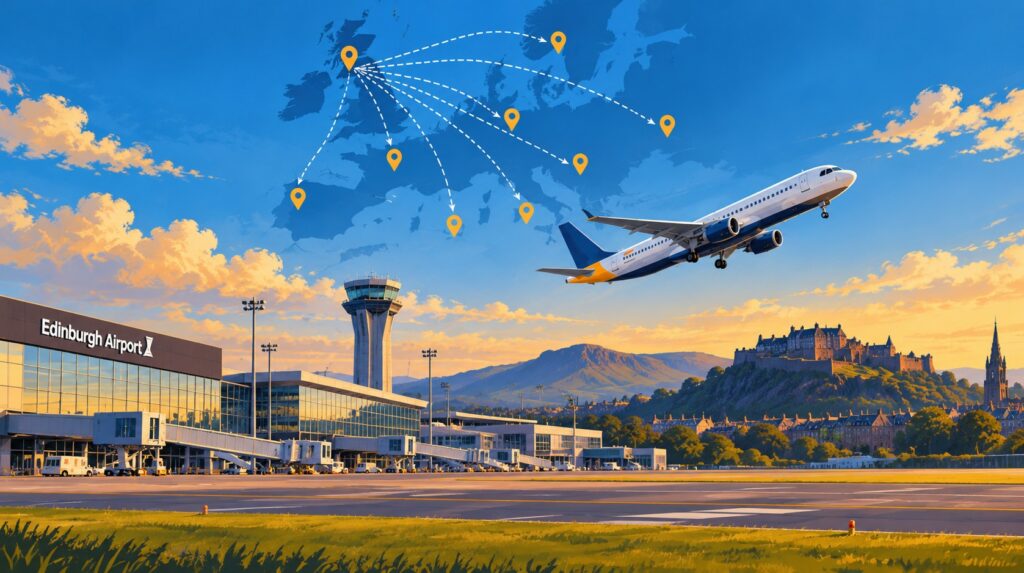 Illustrated view of Edinburgh Airport with an aircraft taking off and flight routes from Edinburgh across Europe.