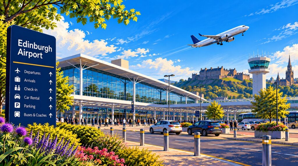 Illustrated view of Edinburgh Airport terminal with aircraft taking off, airport transport and Edinburgh skyline in the background.