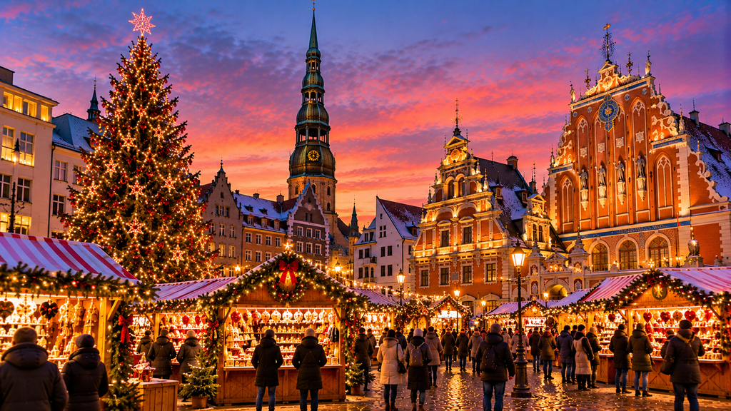 Riga Christmas Market with festive stalls, Christmas tree and historic Old Town buildings illuminated at dusk