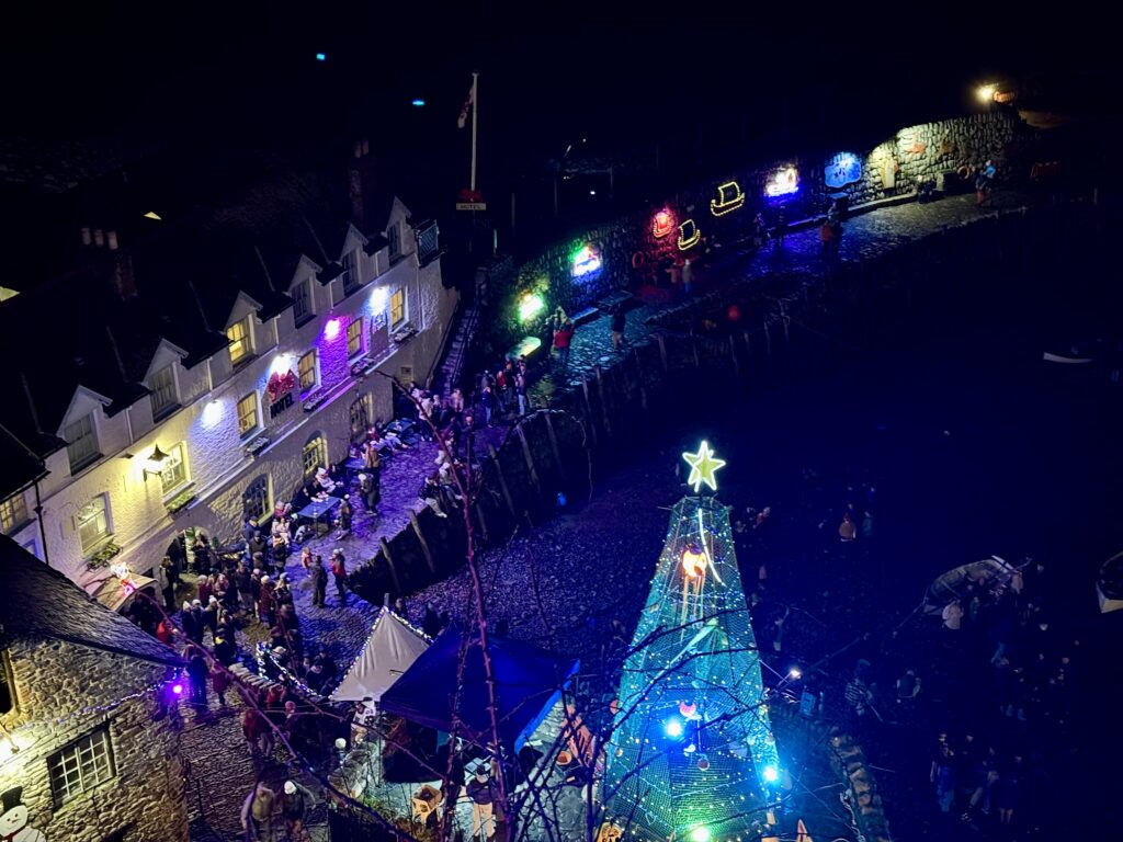 Clovelly harbour crowded with visitors beneath colourful Christmas lights and an illuminated Christmas tree.