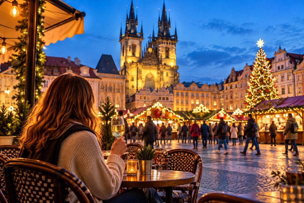 Traveller enjoying an evening cafΓ© overlooking a Christmas market during a European extreme day trip.