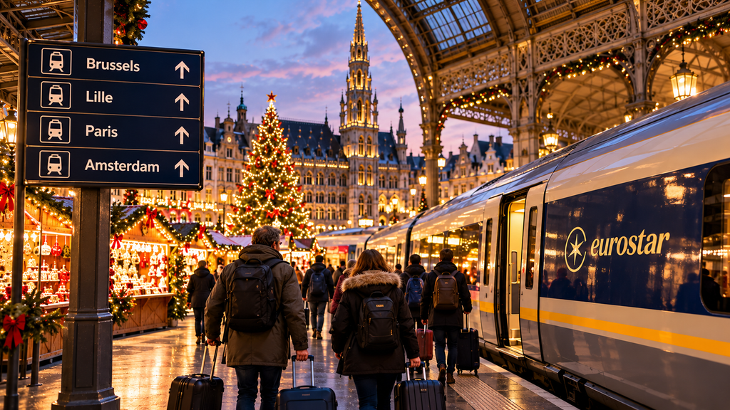 Eurostar train beside a festive Christmas market with travellers and signs for Brussels, Lille, Paris and Amsterdam