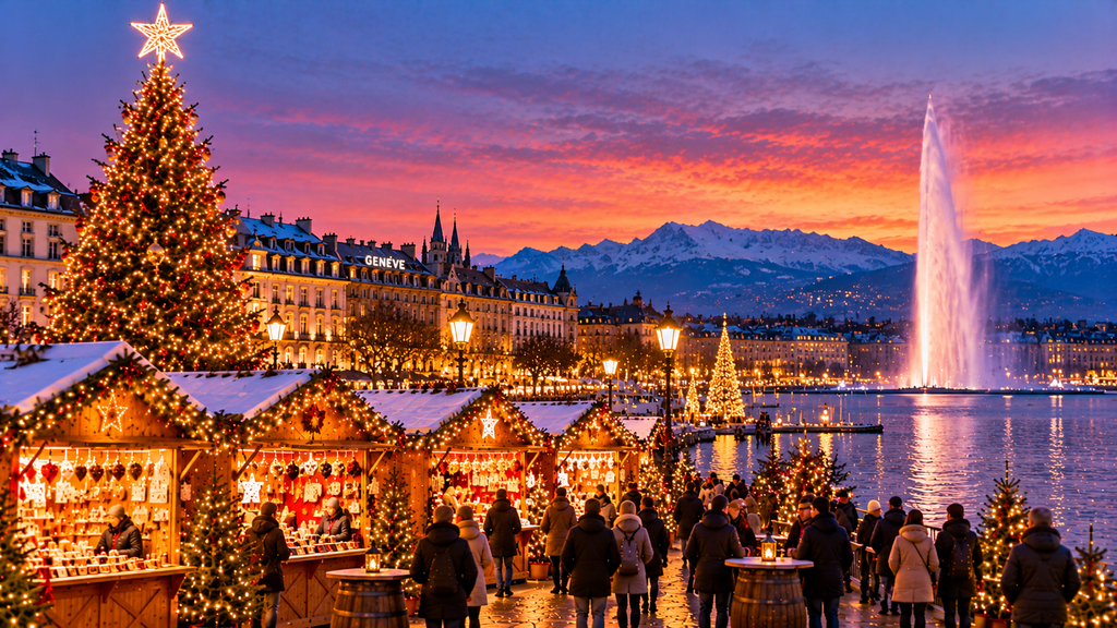Geneva Christmas market beside Lake Geneva with festive stalls, Christmas tree, Jet d’Eau and snow-covered Alps at dusk