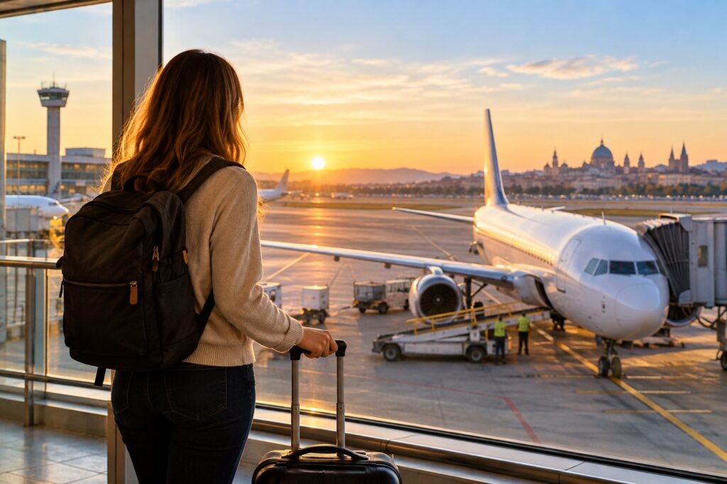 Traveller with a backpack at an airport window watching an aircraft at sunrise before an extreme day trip.