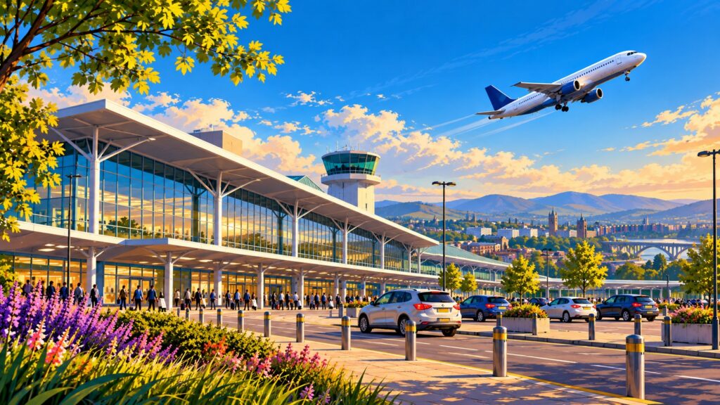 Glasgow Airport terminal with passengers, cars and an aircraft taking off, with the Glasgow skyline and hills beyond.