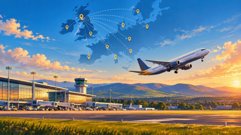 Glasgow Airport with a passenger aircraft taking off, illustrated with a map of Europe and flight routes from Scotland.