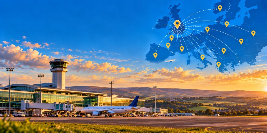 Illustration of Leeds Bradford Airport with an aircraft, terminal and control tower, with a map showing flight routes across Europe.