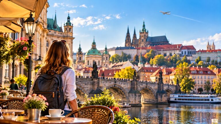 Traveller with a backpack overlooking a historic European city during an extreme day trip.
