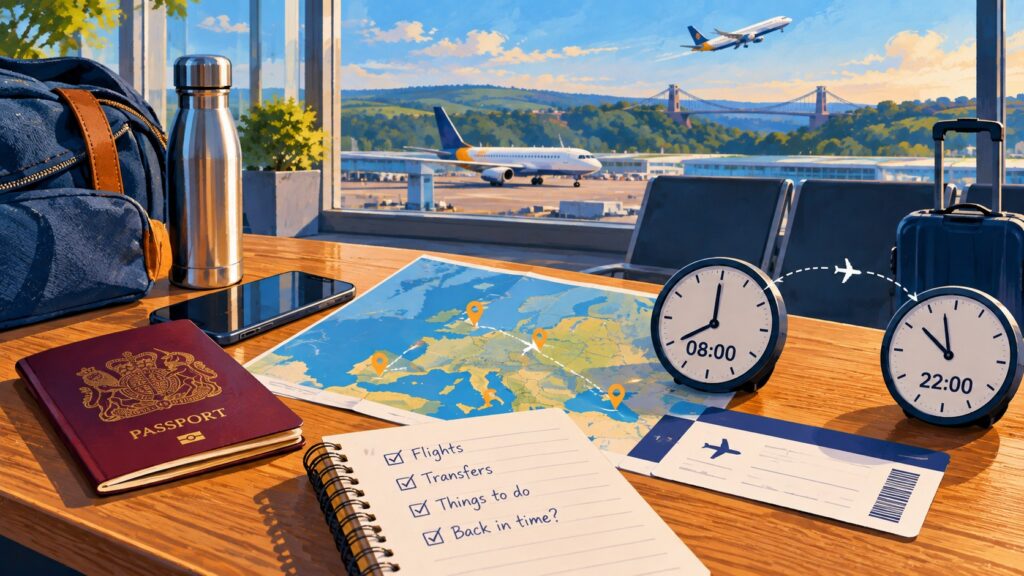Illustration of planning an extreme day trip with flights, transfers, travel documents and timings.