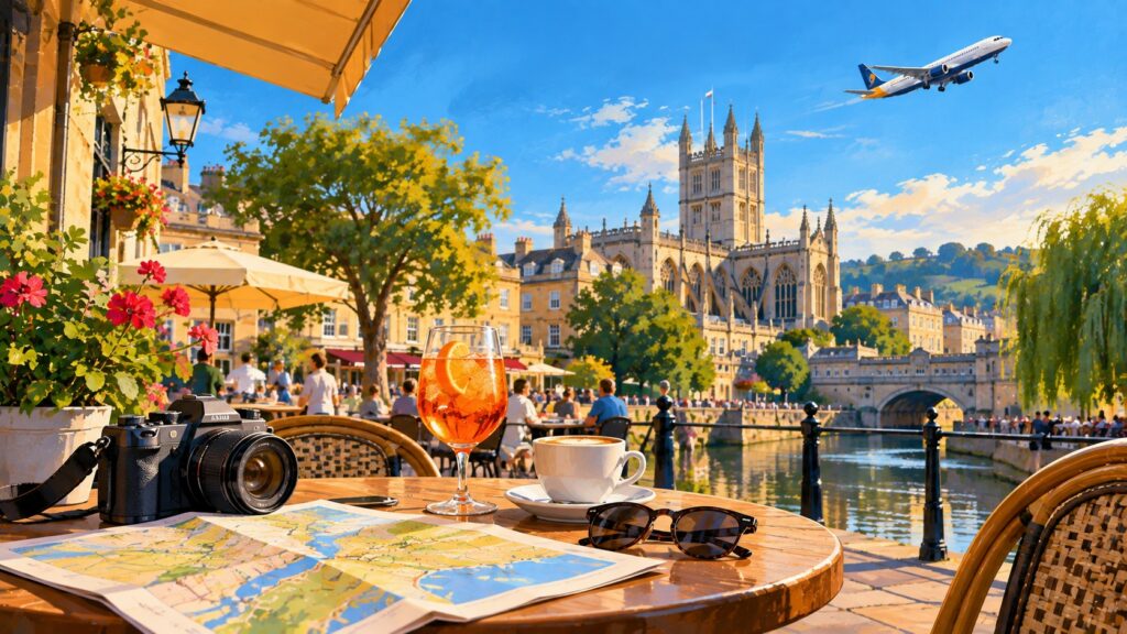 Illustration of a European city break with sightseeing, café tables, a camera and an aircraft overhead.