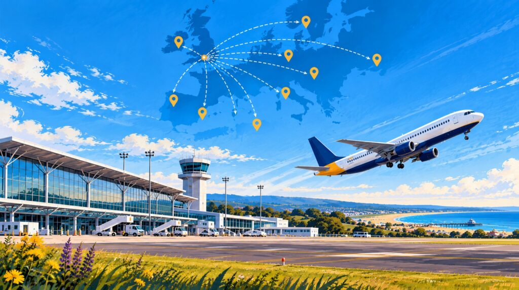 Stylised illustration of flights from Bournemouth Airport to destinations across Europe