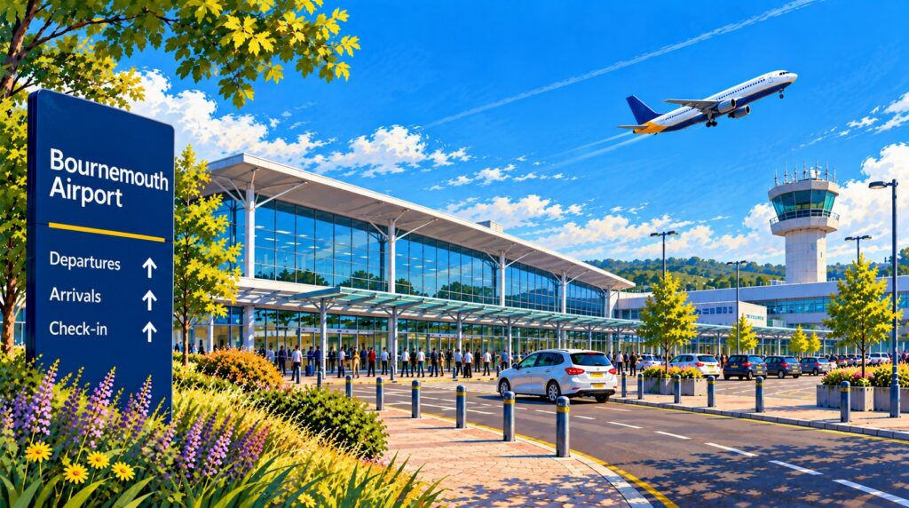 Stylised illustration of Bournemouth Airport terminal with a passenger aircraft taking off