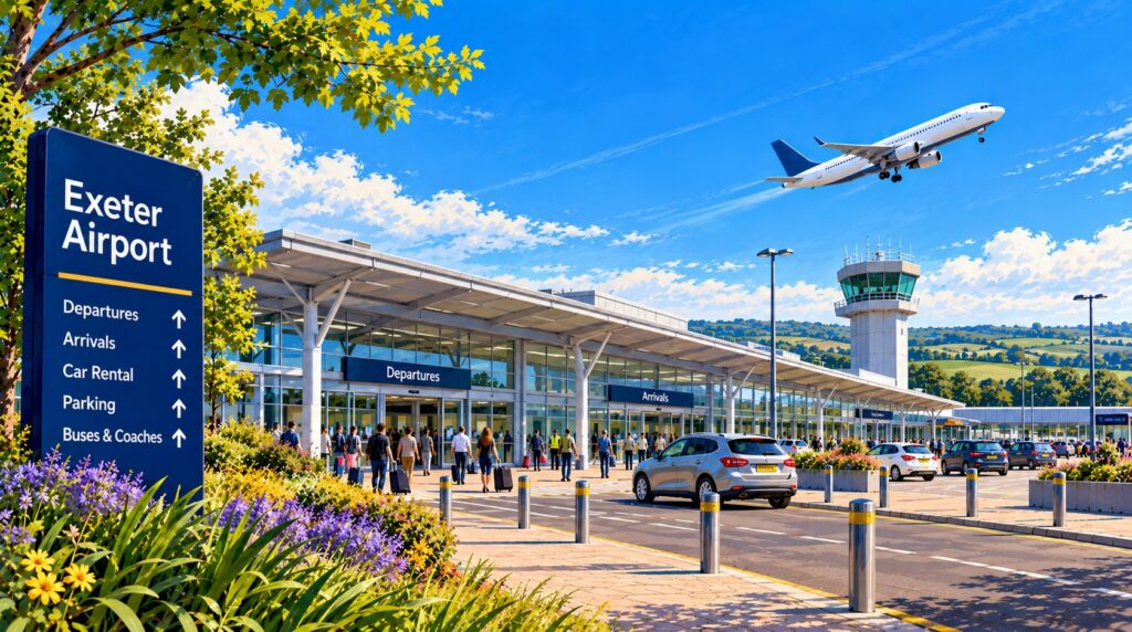Stylised illustration of Exeter Airport terminal with a passenger aircraft taking off