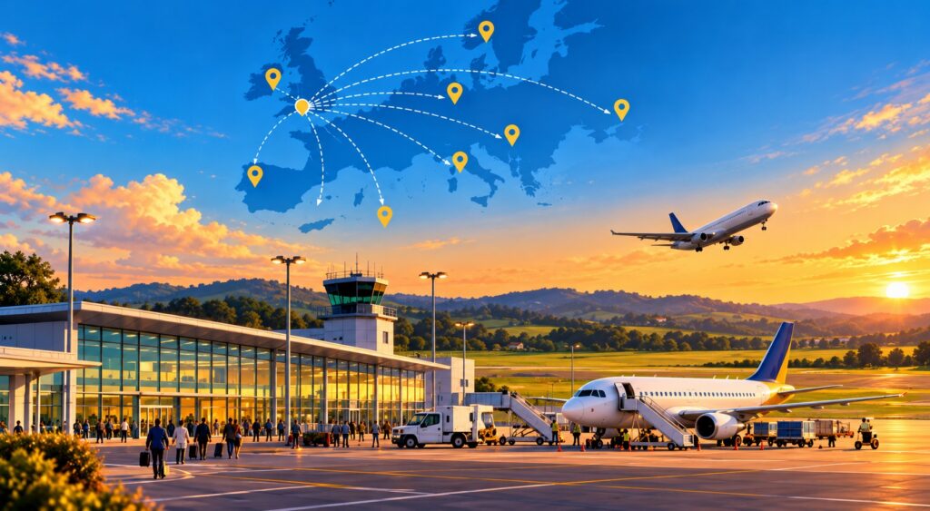 Stylised illustration of flights from Exeter Airport to destinations across Europe