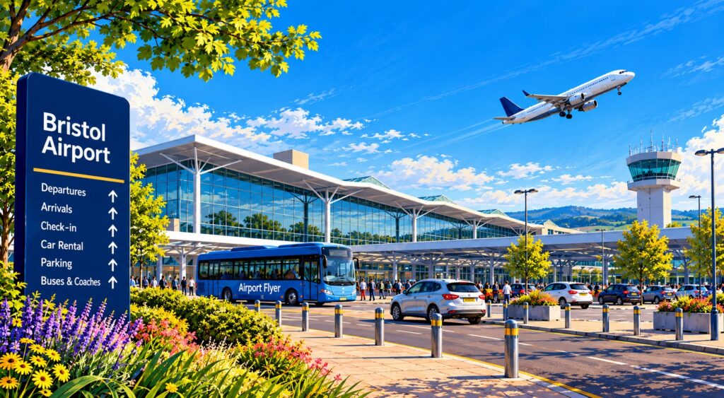 Stylised illustration of Bristol Airport terminal with an Airport Flyer bus and passenger aircraft taking off