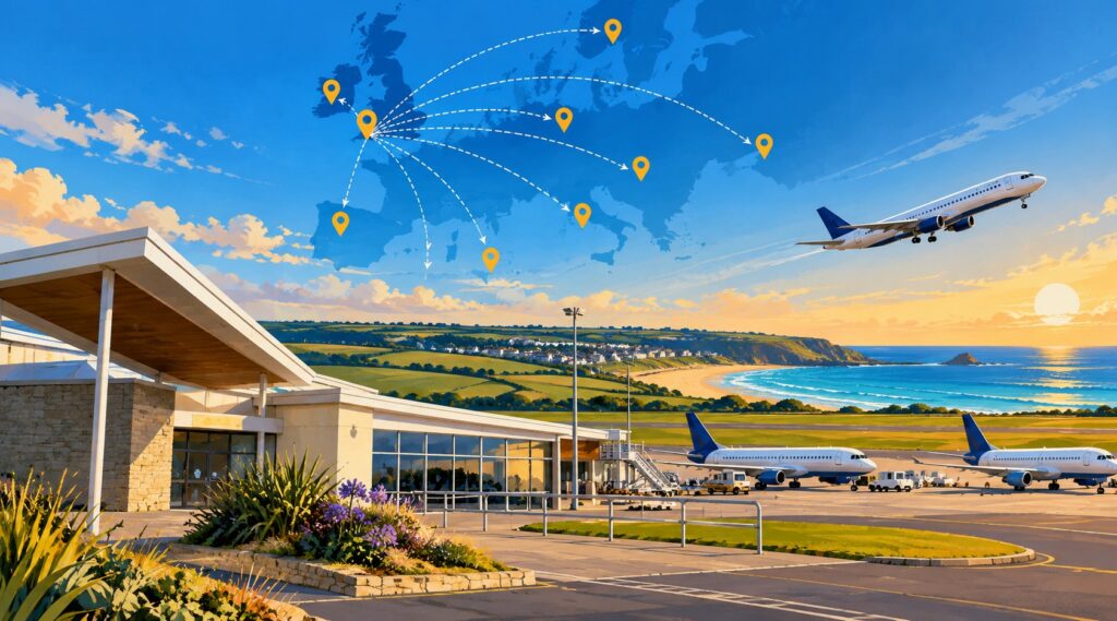 Newquay Airport terminal with aircraft and illustrated flight routes to destinations across Europe.