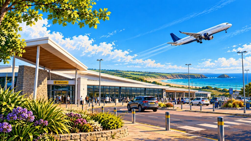 Newquay Airport terminal with passengers, cars and an aircraft taking off above the Cornish coast.